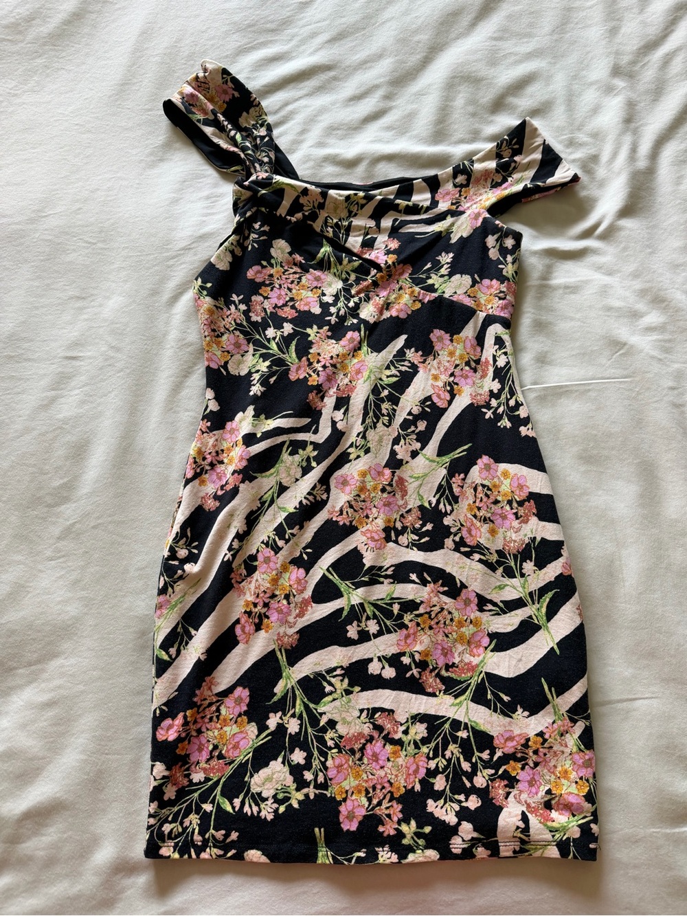 Guess Black One-Shoulder Dress with Pink Floral Print